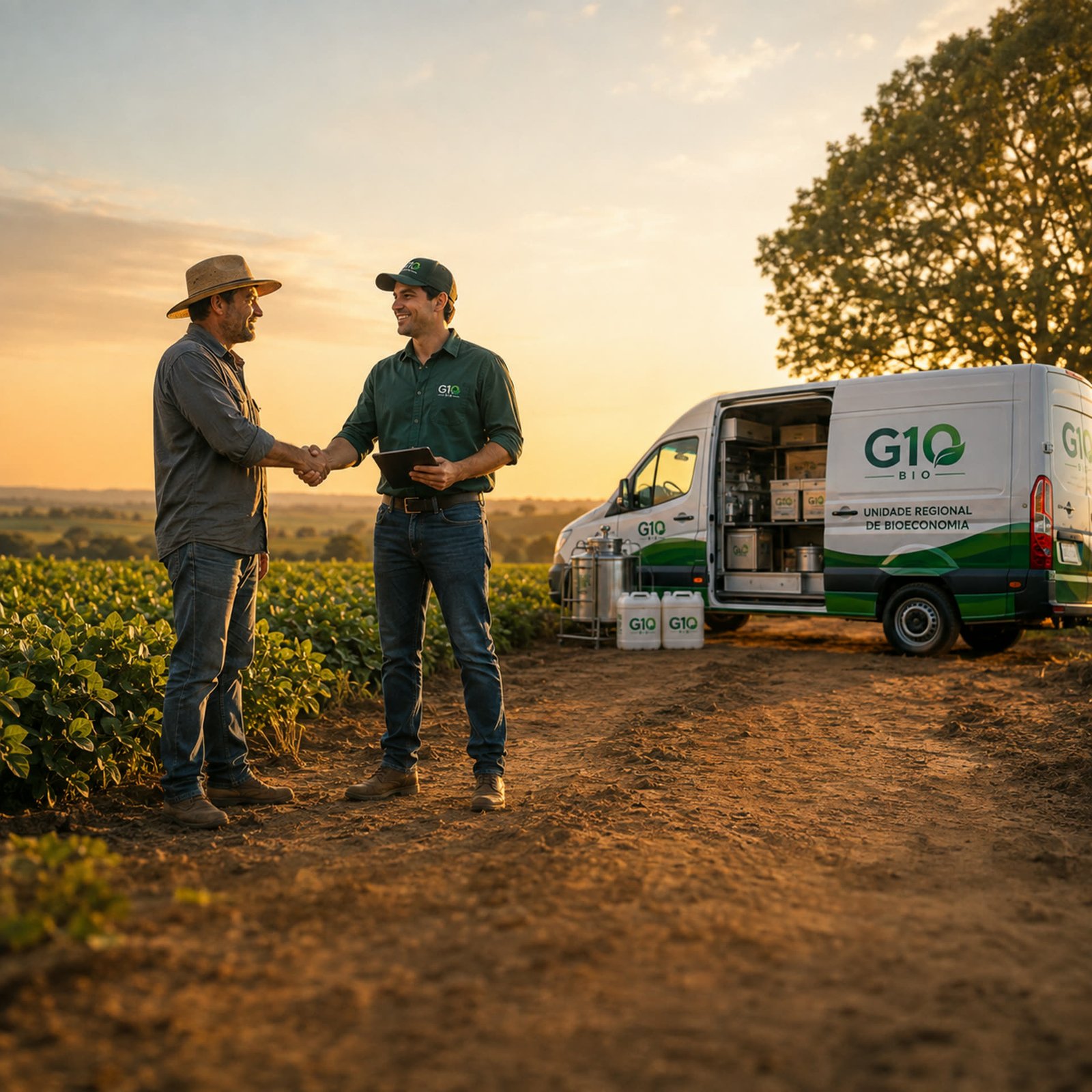 Consultor G10 Bio cumprimentando um produtor rural em lavoura, com a van da unidade regional de bioeconomia ao fundo
